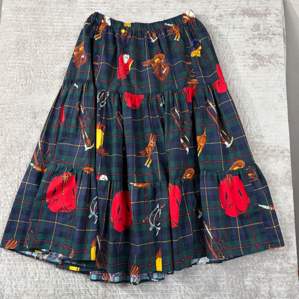 Broom Skirts Vintage Plaid Equestrian Print Tiered Midi Skirt Green Cotton